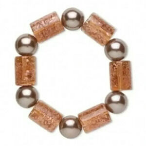 Brown Gold Grey Lampwork Glass Pearls Stretch Bracelet